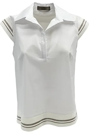 D.EXTERIOR Top, Dame, Hvid, S, Bomuld, Hvid Polo Skjorte med Lurex Detaljer