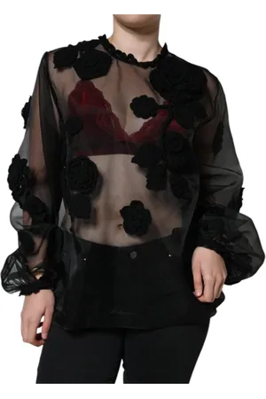 Dolce & Gabbana Bluser & Skjorter, Dame, Sort, L, Blomstret Mesh Langærmet Bluse