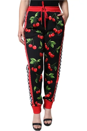 Dolce & Gabbana Bukser, Dame, Flerfarvet, L, Bomuld, Kirsebær Print Jogger Bukser Sort Rød