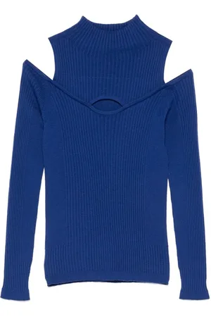 D.EXTERIOR Top, Dame, Blå, S, Uld, Blå Uld Kold Skulder Sweater