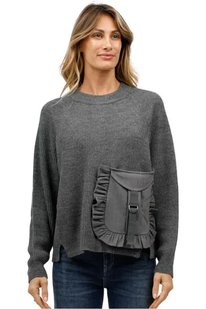MEIMEIJ Strik, Dame, Grå, M, Uld, Raglanærme Rund Hals T-shirt med Lomme