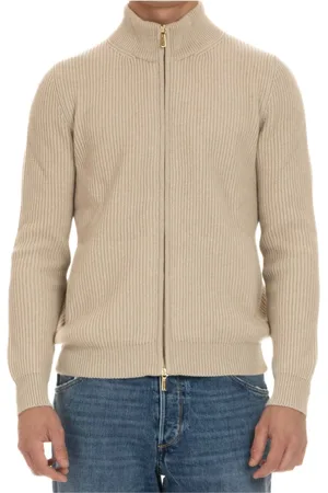 MOORER Strik, Herre, , L, Uld, Kashmir Zip Sweater Elfenben