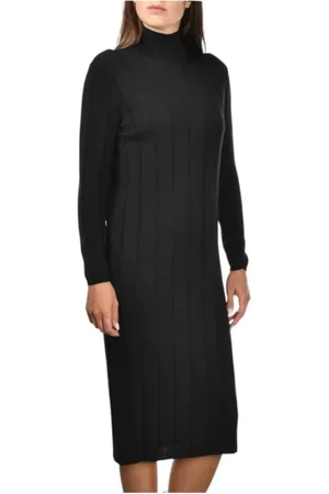 Paolo Fiorillo Capri Kjole, Dame, Sort, S, Uld, Sort Ribstrikket Midi Kjole