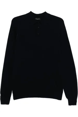 Roberto Collina Top, Herre, Blå, L, Uld, Blå Merinould Strikket Polo Skjorte