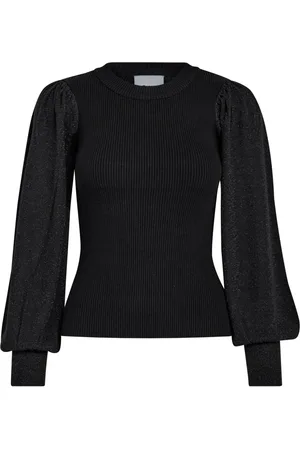 Minus Strik, Dame, Sort, 2XL, Tyl, Sort Fin Strikbluse med Pufærmer