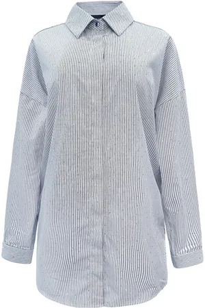 Liberté Bluser & Skjorter, Dame, Blå, XL, Polyester, Sort Diamond Stripe Langærmet Skjorte
