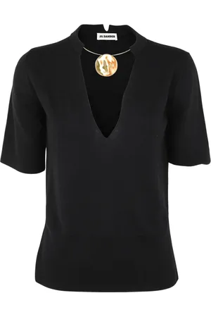 Jil Sander Top, Dame, Sort, M, Uld, Kortærmet strik med juvelhalskæde