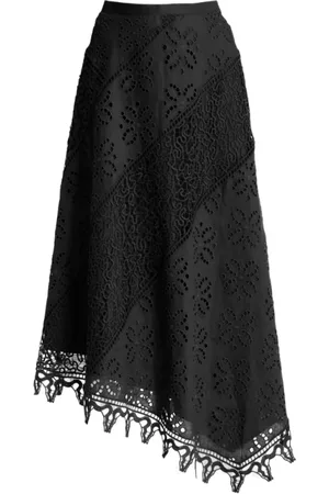 ULLA JOHNSON Nederdel, Dame, Sort, XS, Linned, Blomstret Blonder Patchwork Asymmetrisk Linned Nederdel