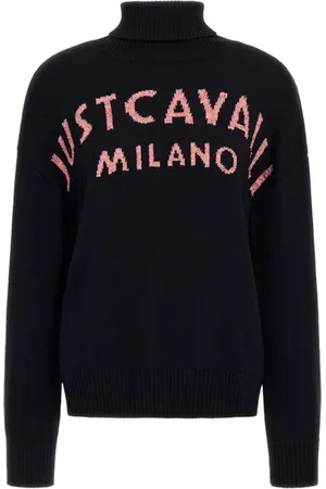 Roberto Cavalli Strik, Dame, Sort, M, Broderet Logo Sweater i Pink