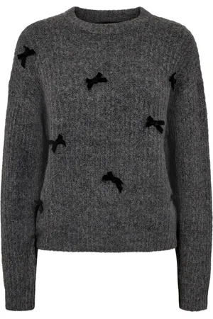 Liberté Strik, Dame, Grå, L, Polyester, Mørk Grå Bow Pullover Sweater