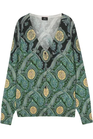 Etro Strik, Dame, Flerfarvet, M, Cashmere, Silke Cashmere Sweater Langærmet V-hals