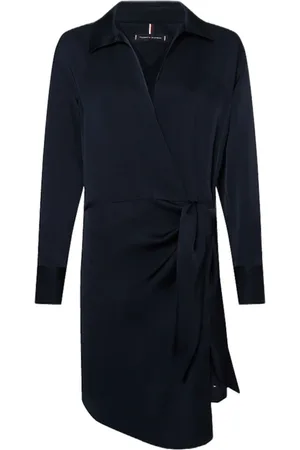 Tommy Hilfiger Kjole, Dame, Blå, L, Uld, Kort skjortekjole med crepeknuder