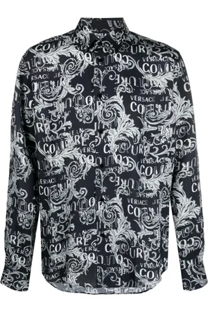 VERSACE Skjorte, Herre, Grå, 2XL, Uld, Barok Print Langærmet Skjorte Grå