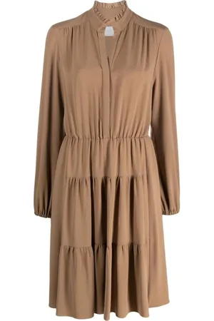 ELEVENTY Kjole, Dame, Brun, S, Polyester, Brun Midi Kjole med Dobbelt Flæse