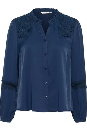Cream Bluser & Skjorter, Dame, Blå, XS, Navy Blazer Skjorte med Blonde Detaljer