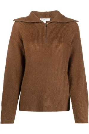Vince Strik, Dame, Brun, XL, Uld, Ribbet Brun Sweater Halv Lynlås