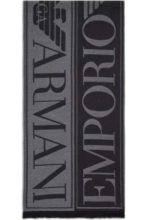 Emporio Armani Tilbehør, Herre, Sort, ONE SIZE, Uld, Sort uld jacquard tørklæde med maxi-bogstaver