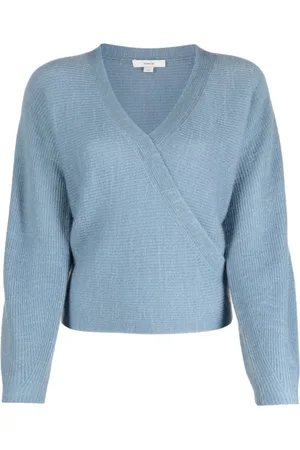 Vince Strik, Dame, Blå, L, Uld, Blå Ribstrikket Kryds Front Pullover