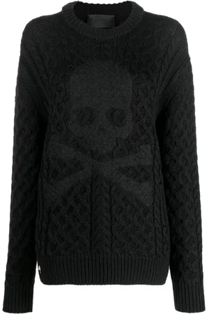 Philipp Plein Strik, Dame, Sort, XS, Uld, Sort Uld Akryl Sweater Pullover