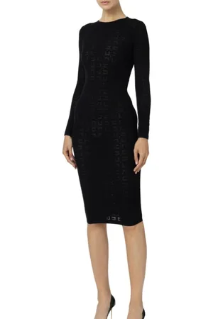 Elisabetta Franchi Kjole, Dame, Sort, S, Sort Logo Midi Kjole med Lange Ærmer