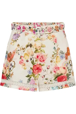 Camilla Shorts, Dame, Flerfarvet, M, Blomstret højtaljede shorts med blonderkant