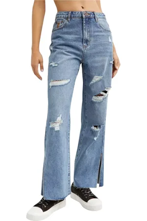 ONE TEASPOON Jeans, Dame, Blå, W27, Bomuld, Blå Distressed Wide Leg Jeans