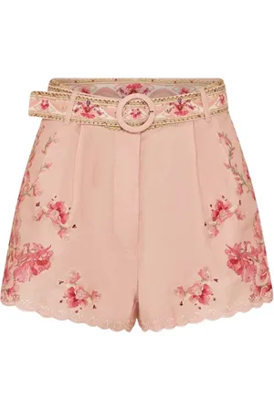 Camilla Shorts, Dame, Lyserød, M, Linned, Blomstret linned shorts med skalkant