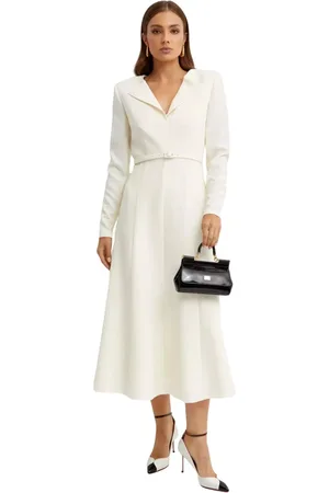 Roland Mouret Kjole, Dame, , XS, Polyester, Creme Midi Kjole med Spids Halsudskæring