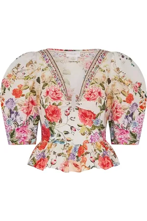 Camilla Bluser & Skjorter, Dame, Flerfarvet, S, Bomuld, Hvid Blomstret Puffærme Top