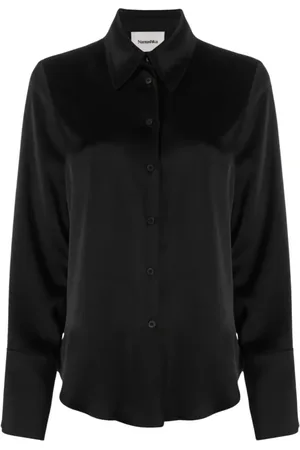 Nanushka Bluser & Skjorter, Dame, Sort, M, Satin, Sort Satin Skjorte med Fransk Krave