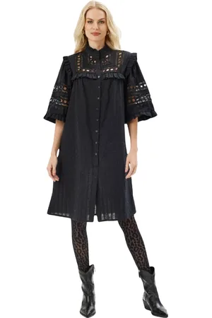 In Front Kjole, Dame, Sort, XL, Uld, Elegant Sort Kjole med Broderi