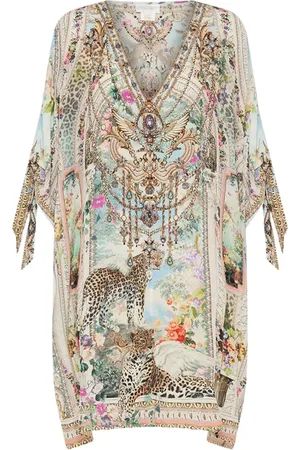 Camilla Kjole, Dame, , ONE SIZE, Leopard Print Silke Kaftan med Bindesløjfer