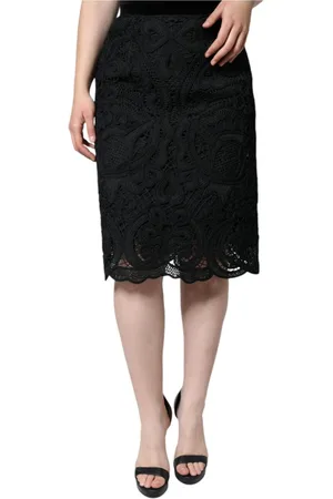 Dolce & Gabbana Nederdel, Dame, Sort, XL, Bomuld, Sort blomstret blonder blyant nederdel
