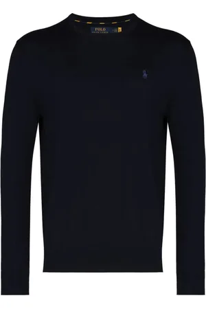 Ralph Lauren Strik, Herre, Blå, XL, Uld, Blå Broderet Crewneck Sweater