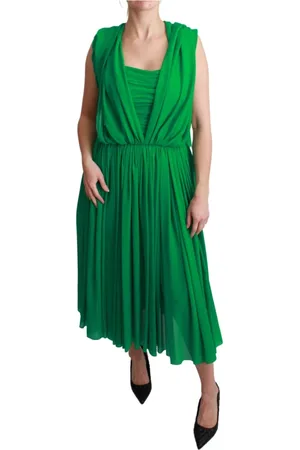 Dolce & Gabbana Kjole, Dame, Grøn, XS, Silke Ærmeløs Plisseret Maxikjole