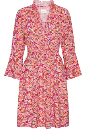 American Dreams Kjole, Dame, Flerfarvet, XL, Rød Blomst Kort Kjole Smock Talje