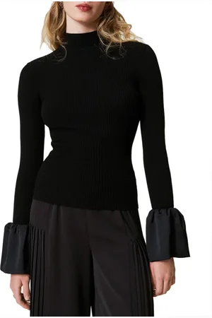 Twin-Set Strik, Dame, Sort, XS, Satin, Sort Ribstrikket Sweater med Satin Ruffle