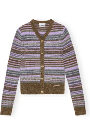 Ganni Strik, Dame, Flerfarvet, M, Uld, Blød uld stribet cardigan med logoknapper