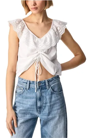 Pepe Jeans Top, Dame, Hvid, L, Bomuld, Rynket top med engelsk broderi