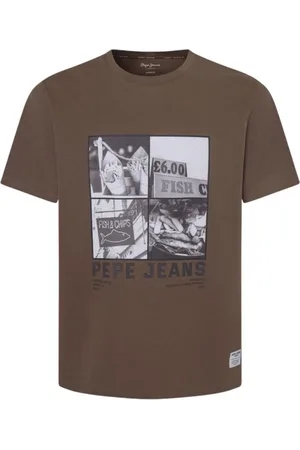 Pepe Jeans Top, Herre, Brun, L, Bomuld, Fish&Chips Fotografisk Print T-shirt