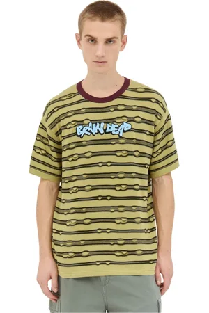 Brain Dead Top, Herre, Grøn, L, Bomuld, Stribet Broderet T-shirt i Bomuldsstrik