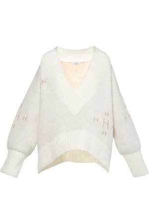 Hest Strik, Dame, Hvid, S/M, Uld, V-Neck Sweater Heavy Knitwear Tops Hvid