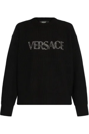 VERSACE Strik, Dame, Sort, 3XS, Cashmere, Trøje med logo færdig med skinnende krystaller