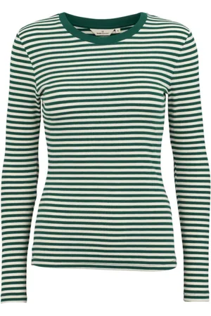 Basicapparel Top, Dame, Grøn, M, Bomuld, Stribet langærmet tee - Regnskov / Birk