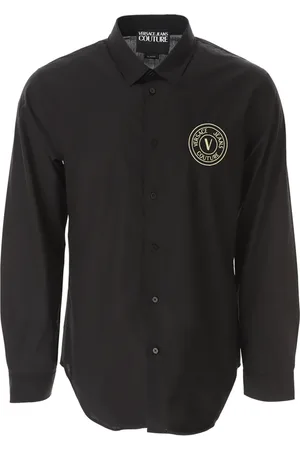 VERSACE Skjorte, Herre, Sort, L, Uld, Sort Guld V-Emblem Skjorte