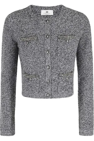 Elisabetta Franchi Strik, Dame, Grå, M, Uld, Grå Bouclé Langærmet Cardigan