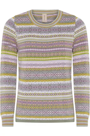 Skovhuus Strik, Dame, Flerfarvet, XL, Bomuld, Grøn Stribet Jacquard Pullover Bluse
