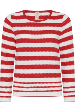 Skovhuus Strik, Dame, Rød, XL, Bomuld, Sporty Stribet O-Neck Pullover Bluse