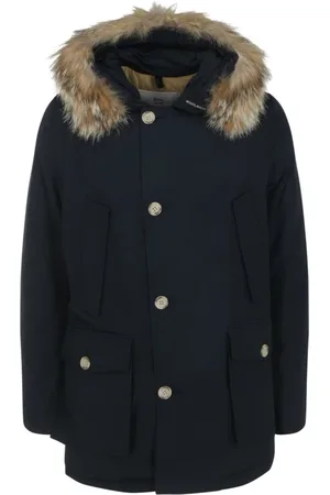 Woolrich Frakke, Herre, Blå, XL, Uld, Blå Faux-Fur Trim Hættefrakke