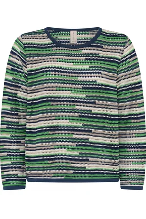 Skovhuus Strik, Dame, Flerfarvet, 2XL, Bomuld, Stribet Openwork Pullover i Jeans Blå